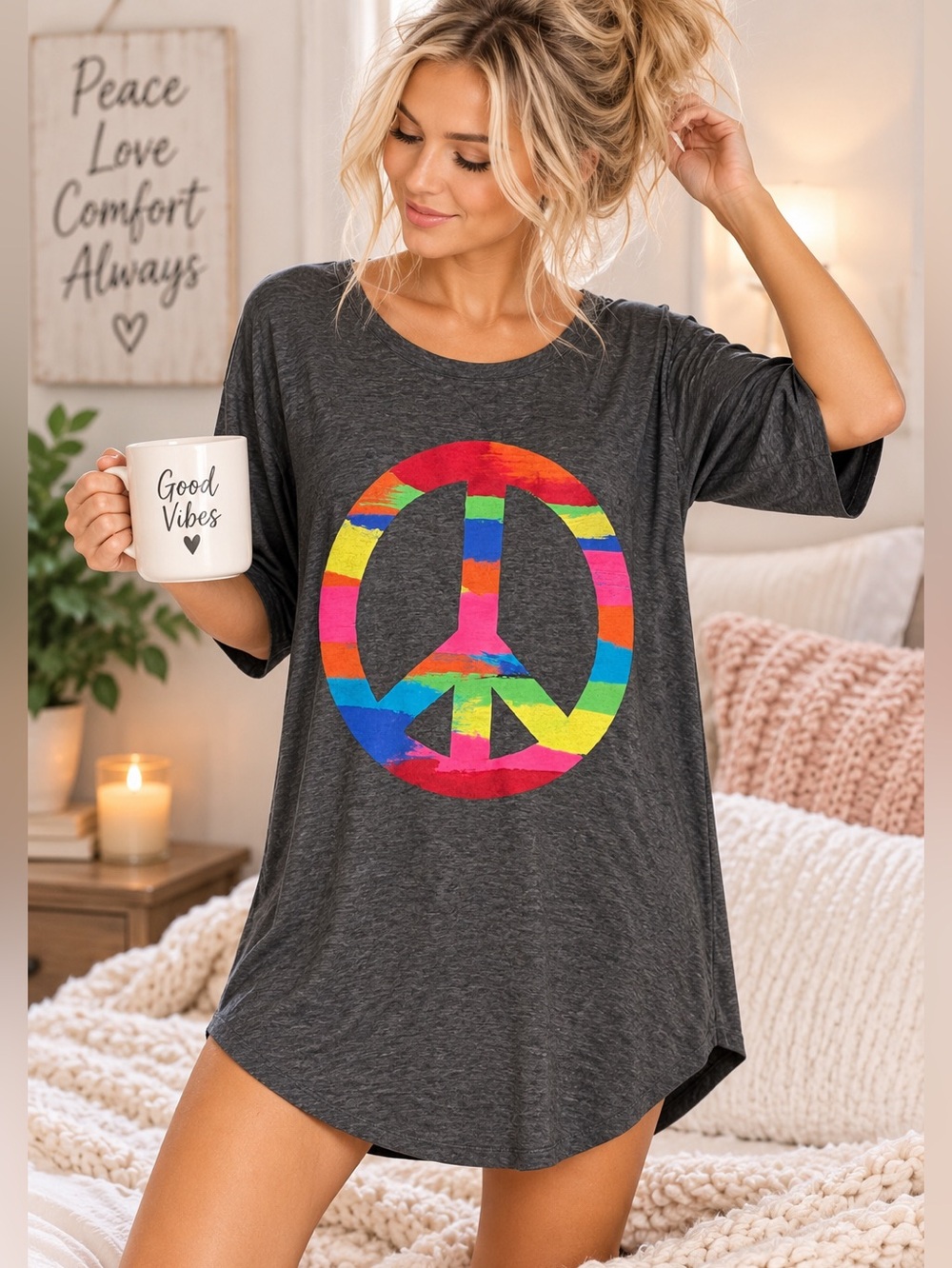 Xhilaration Women's Sleep Shirt M
Rainbow Peace Sign Cotton Blend Pajama Tee